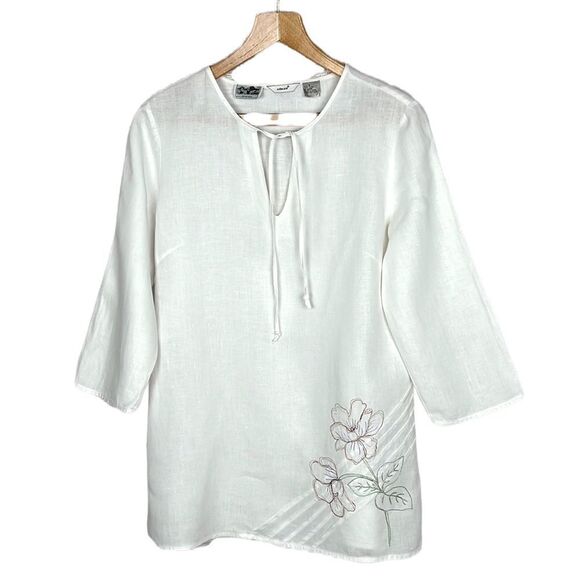 EDWARD Irish Linen White Embroidered Top Blouse Tunic 3/4 Sleeves Tie Neck sz S - Picture 1 of 13